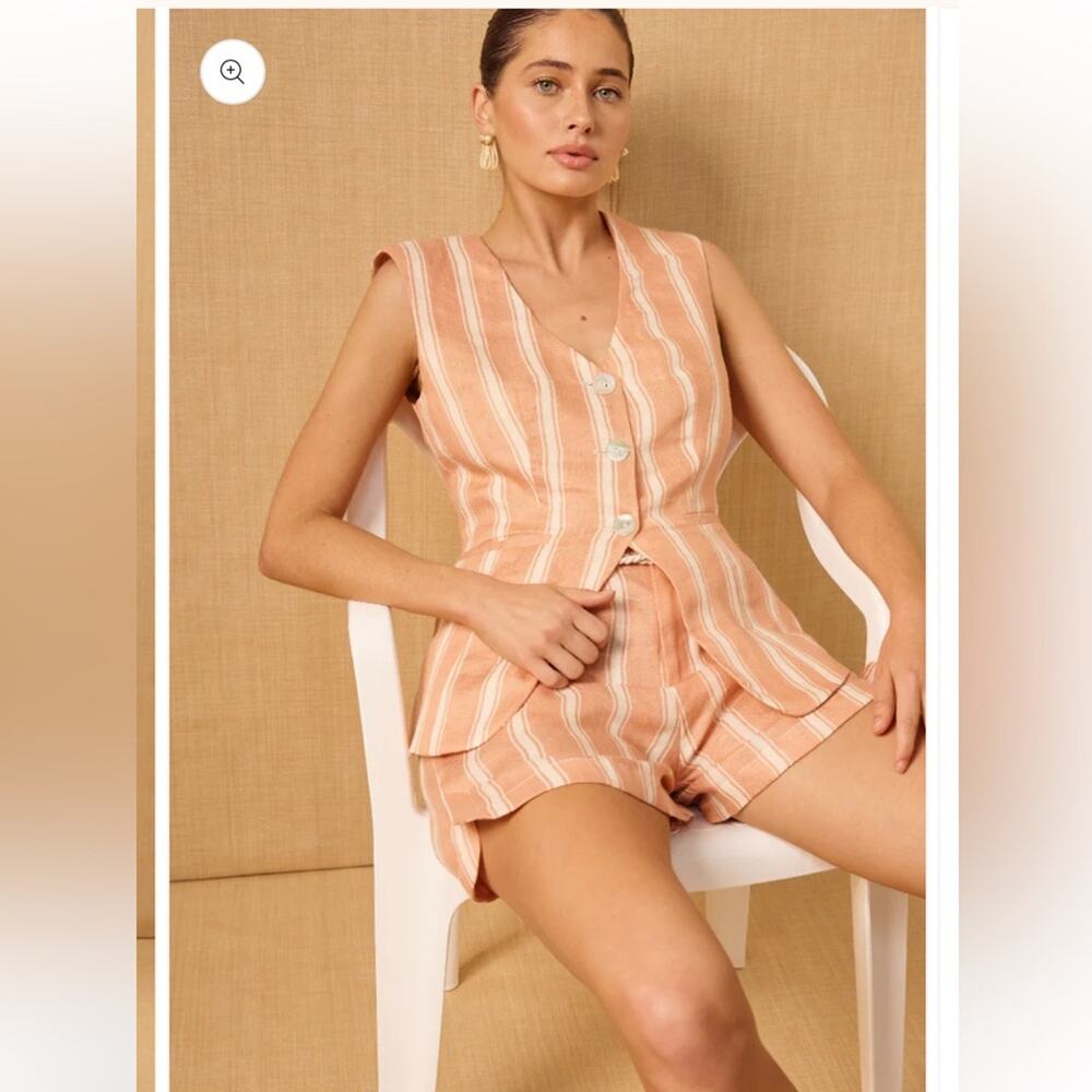 mon renn striped coral peach linen vest and high waist shorts Set size small